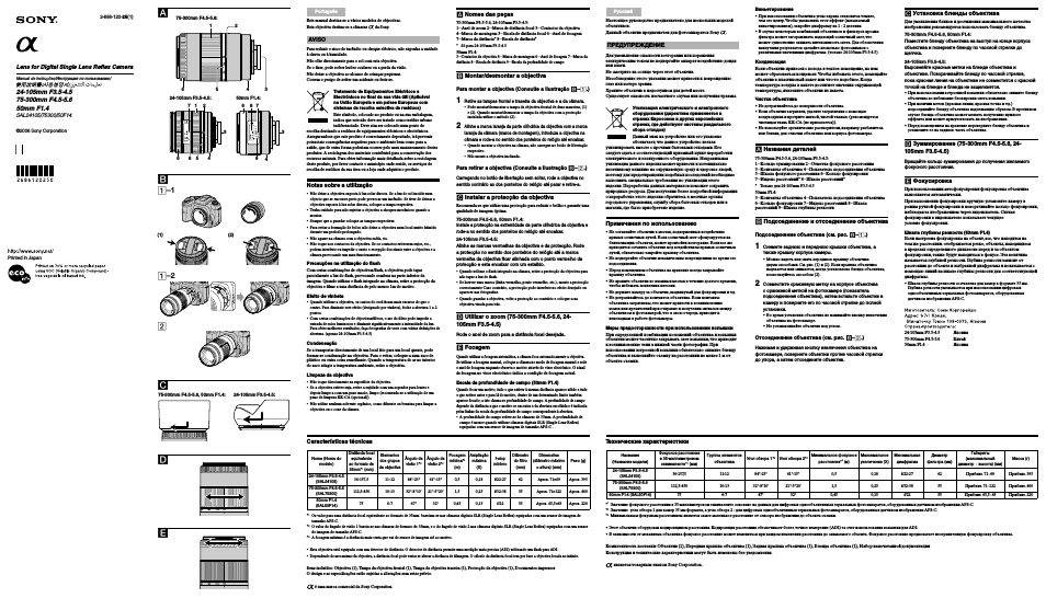 Инструкция по эксплуатации Sony SAL50F14 | 2 страницы